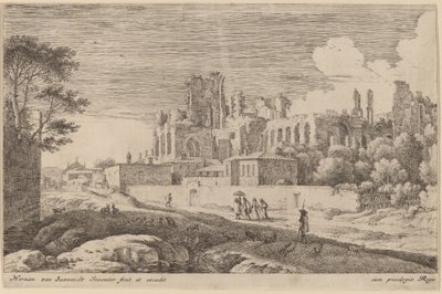 Paysage avec ruines et une femme avec un parasol - Herman van Swanevelt