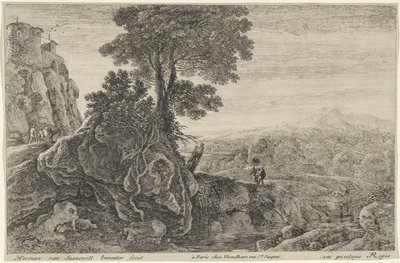 Paysage avec un bâtiment sur un rocher (Douze paysages) - Herman van Swanevelt