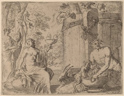Deux nymphes et un satyre devant une grande cuve - Herman van Swanevelt