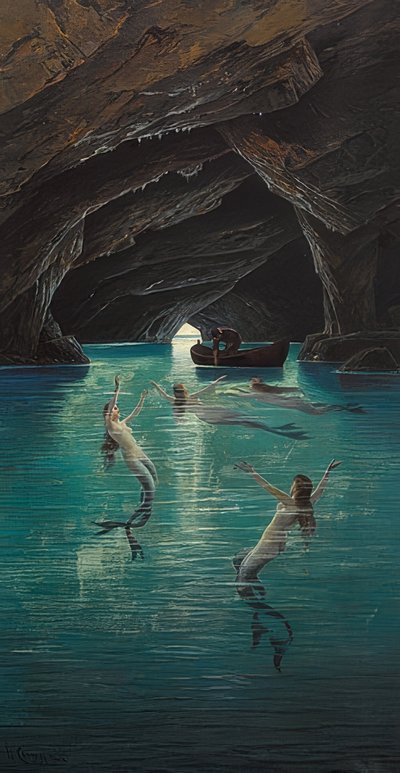 Un pêcheur et des sirènes dans la grotte bleue à Capri - Hermann David Salomon Corrodi