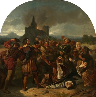 Épisode de la guerre des paysans allemands (Comte Helfenstein au pied de son château en flammes, moqué par les paysans) - Hermann Eichler