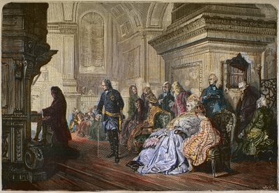 Le roi de Prusse Frédéric II le Grand (1712-1786) écoute le compositeur Jean-Sébastien Bach jouer à la cour, gravure d