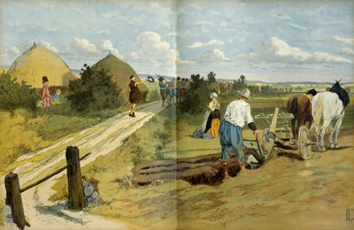 Paysans voyant le passage de maraudeurs et de pillards capturés par l