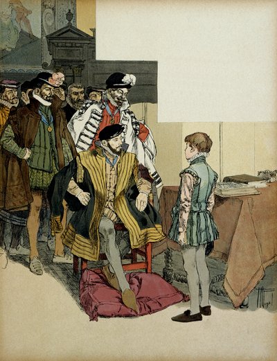 Le roi de France Henri II (1519-1559) entouré de ses gentilshommes interroge Henri IV (1553-1610) enfant pour ses réparties. Illustration de Hermann Vogel (1856-1918) dans « Henri IV » - Hermann Vogel