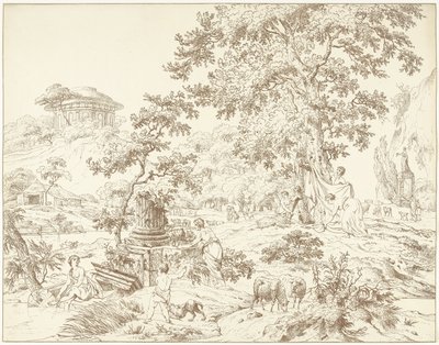 Paysage arcadien avec femme se baignant les pieds - Hermanus Fock