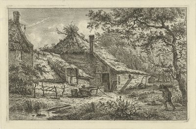 Cour de ferme avec homme portant du bois - Hermanus Fock
