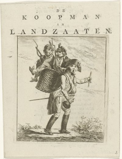 Feuille de chanson et caricature avec des soldats, Caricature de Willem V, Le marchand de Landzaaten - Hermanus Fock