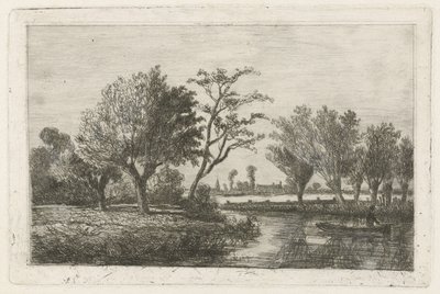 Rivière avec un pêcheur dans un bateau - Hermanus Jan Hendrik van Rijkelijkhuysen