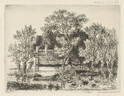 Paysage fluvial avec une barque et des canards - Hermanus Jan Hendrik van Rijkelijkhuysen