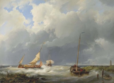 Scène côtière avec des bateaux de pêche - Hermanus Koekkoek