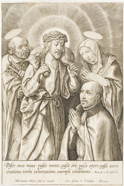 Ignace de Loyola agenouillé devant le Christ, la Vierge et saint Pierre - Hieronymous Wierix