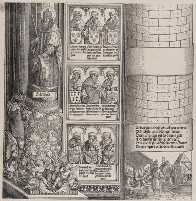Maximilien en architecte, avec une statue de Saint Léopold, et des bustes des ancêtres de Maximilien, 1517-1518 - Hieronymus Andreae