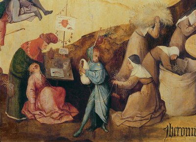 Le tireur de dents, le joueur de cornemuse et les ramasseurs de bois, détail du panneau central du Triptyque du Chariot de Foin, vers 1515 (détail) - Hieronymus Bosch
