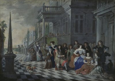 Personnages faisant de la musique devant un palais, 1672 - Hieronymus Janssens