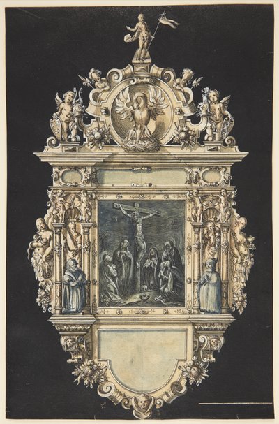 Esquisse pour un épitaphe avec la crucifixion du Christ. Un cadre richement orné avec de nombreuses figures - Hieronymus Wierix