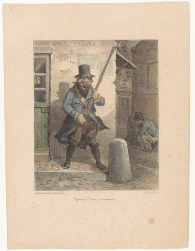 Militaire appelant un caporal, qui fait ses besoins dans la rue (Croquis lithographiques) - Hippolyte Bellange