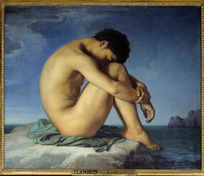 Jeune homme nu assis au bord de la mer en position de penseur (introspection). Peinture de Hippolyte Flandrin (1809-1864) 1836 - Hippolyte Flandrin