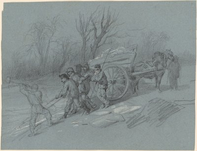 Ouvriers ramassant de la glace au bord de l