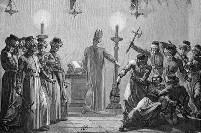 Meurtre rituel commis par les Danites, selon les allégations des opposants mormons, dessiné par David et gravé par A. Gusmand - Hippolyte Leon Benett