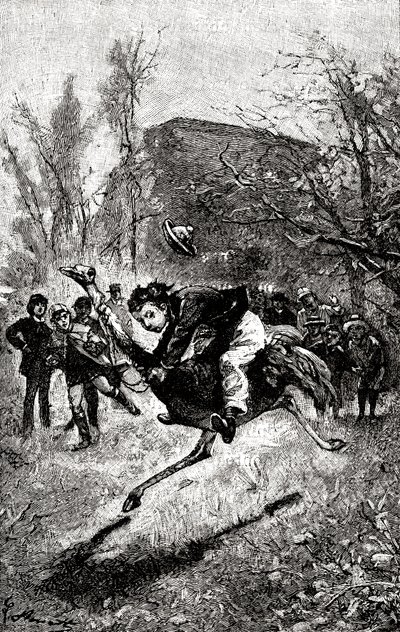 Le jeune Service chevauche une autruche. Gravure - Hippolyte Leon Benett