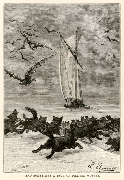 Et parfois une meute de loups des prairies, de Le Tour du Monde en Quatre-vingts Jours par Jules Verne (1828-1905) gravé par Louis, 1873 - Hippolyte Leon after Benett
