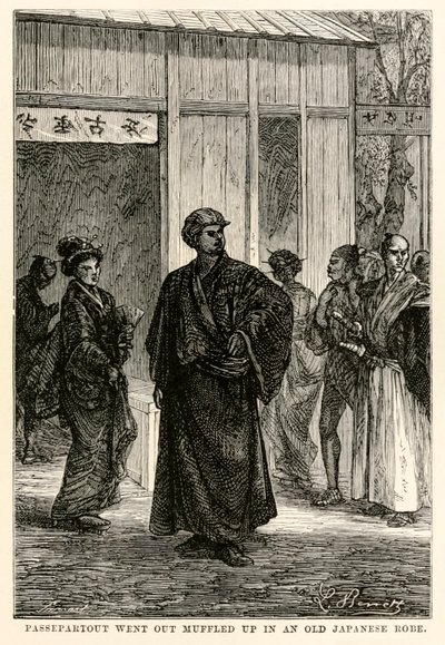 Passepartout sortit emmitouflé dans une vieille robe japonaise, de Le Tour du Monde en Quatre-vingts Jours par Jules Verne (1828-1905), gravé par Louis Prevost, 1873 - Hippolyte Leon after Benett