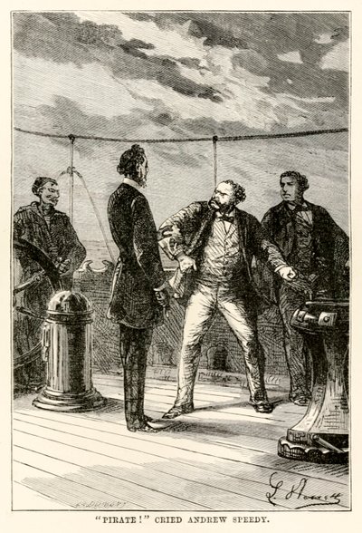 Pirate! cria Andrew Speedy., de Le Tour du Monde en Quatre-vingts Jours par Jules Verne (1828-1905) gravé par Louis Dumont (né en 1822), 1873 - Hippolyte Leon after Benett
