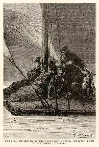 Le froid, accru par la vitesse énorme, les priva de la parole, de Le Tour du Monde en Quatre-vingts Jours par Jules Verne (1828-1905) gravé par Adolphe François Pannemaker (1822-1900) - Hippolyte Leon after Benett