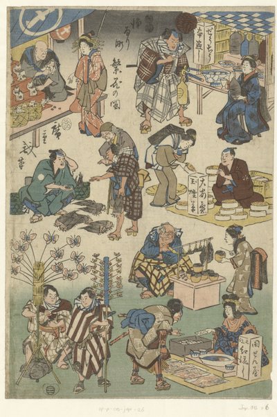 Sept étals au marché nocturne de la rue Joruri - Hiroshige (I) , Utagawa