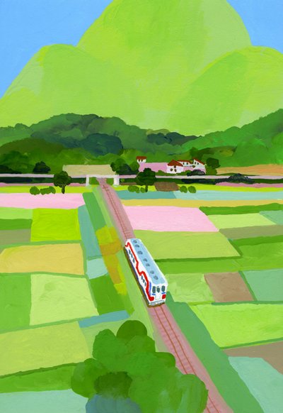 Grande montagne verte et champ de riz - Hiroyuki Izutsu