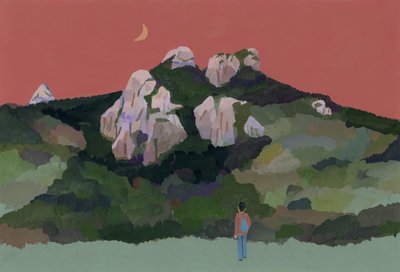 Homme avec sac à dos voyageant dans les montagnes, 2015 - Hiroyuki Izutsu