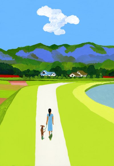 Les montagnes bleues et la femme marchant avec le chien - Hiroyuki Izutsu