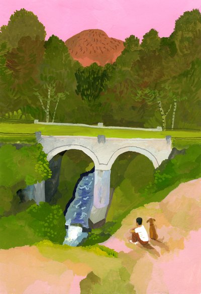 Regarder le pont avec son chien au crépuscule - Hiroyuki Izutsu