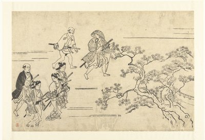 Cinq nobles et un serviteur en route pour un pique-nique - Hishikawa Moronobu (attributed to)