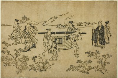 Un palanquin passant, de la série "Scènes de contemplation des fleurs à Ueno" - Hishikawa Moronobu