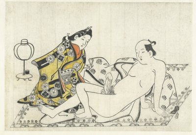 Jeune femme et homme nu sur un tapis - Hishikawa Moronobu