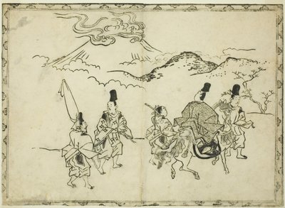 Le voyage oriental de Narihira, extrait du livre illustré "Panorama des peintures sur écrans et rouleaux suspendus (Byobu kakemono ekagami)". - Hishikawa Moronobu