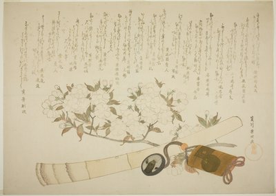 Une branche de fleur de pêcher blanche, un étui Inro et une flûte Hotchiku - Hishikawa Sori III