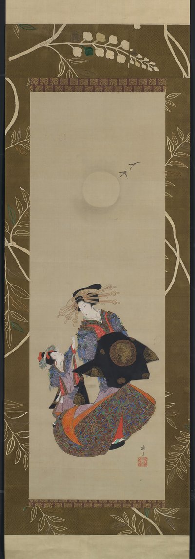 Beauté du Yoshiwara avec apprenti au clair de lune, XIXe siècle - Hokuba