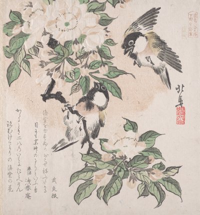 Collection de pluie printanière Harusame shu, vol. 3 : Mésanges et fleurs de pommier, vers 1820 - Hokuba