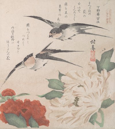 Collection de pluie de printemps Harusame shu, vol. 3 : Hirondelles et pivoines, vers 1820 - Hokuba