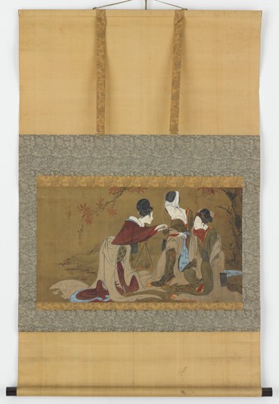 Trois shirabyoshi buvant du saké chauffé sur un feu de feuilles d