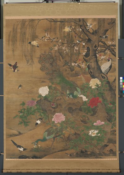 Parchemin suspendu, oiseaux se rassemblant sous le saule printanier, fin des années 1400-début des années 1500 - Hong Yin