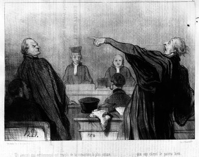 Un avocat qui est manifestement rempli de la conviction la plus intime... que son client le paiera bien, tiré de la série « Gens de Justice » de caricatures sur la Justice par Honoré Daumier (1808-1879). « Charivari » - Honoré Daumier