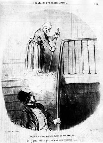 Un locataire qui a eu un oubli le 1er janvier. Hé ! Je ne peux pas jeter mes grimpeurs ! , tiré de « Locataires et Propriétaires », série de caricatures par Honoré Daumier (1808-1879). « Charivari » - Honoré Daumier
