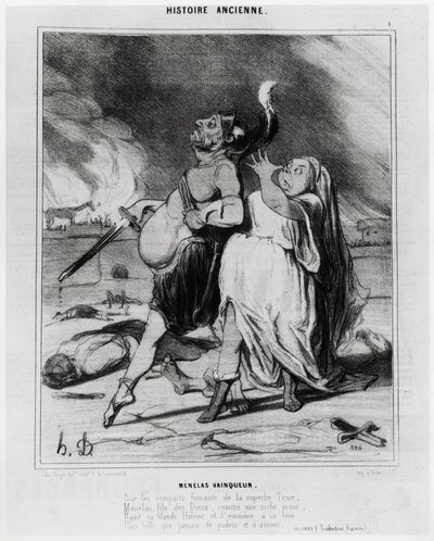 Histoire ancienne : Ménélas vainqueur, caricature pour illustrer un extrait de l