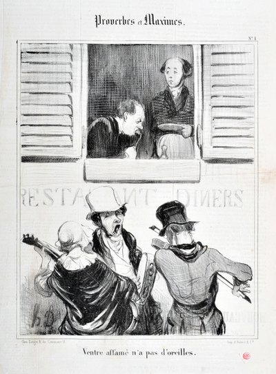 Œuvre de Honoré Daumier (1808-1879). Charivari datant de 1840 : Série PROVERBES ET MAXIMES Ventre affamé n