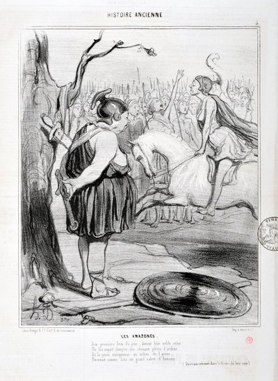 Œuvre de Honoré Daumier (1808-1879) Charivari date de 1842 : Série HISTORIE ANCIE Les Amazones. « Au premier feu du jour, devant leur noble reine, on les voyait dompter des chevaux pleins d