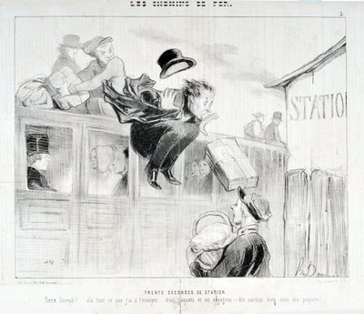 Œuvre de Honoré Daumier (1808-1879). Charivari daté de 1843 : Série LES Chemins de fer Trente secondes de station « - Tiens Joseph ! voilà tout ce que j