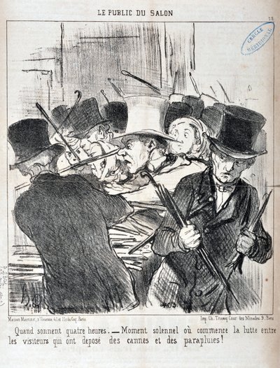 Œuvre de Honoré Daumier (1808-1879). Charivari date de 1852 : Série LE PUBLIC DU SALON - « Quand sonnent quatre heures.- moment solennel où commence la lutte entre les visiteurs qui ont déposé cannes et parapluies » MUSÉE DES BEAUX-ARTS - PALAIS LONGCHAMP - Honoré Daumier